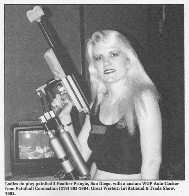 October 1992 issue of Paintball Magazine showing a model with the Lapco Piggyback