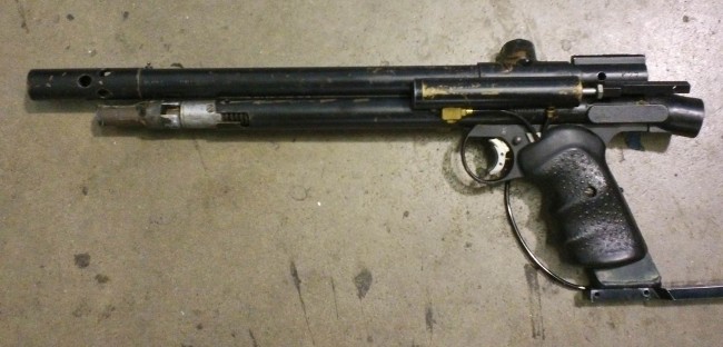 Lori's brother, Larry Sirus' early Stroker. Full left side view. Originally a pump and equiped with a quicksilver set up, this paintgun was later turned into a semi.