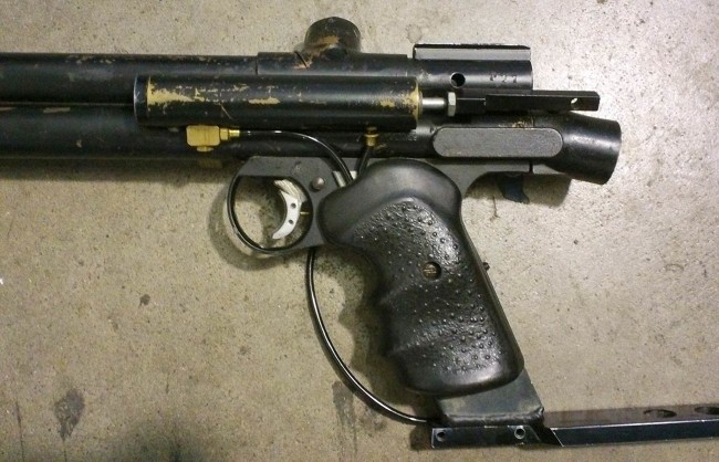 Left grip view of P-27, Larry Sirus' Stoker semi automatic.