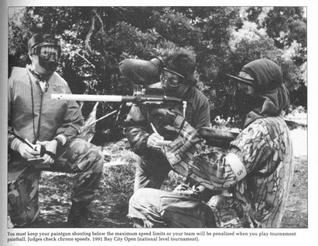 Dogs of War player shooting a Semi Automatic Palmer's Tornado kit. Scanned from the February 1992 issue of Paintball Magazine.