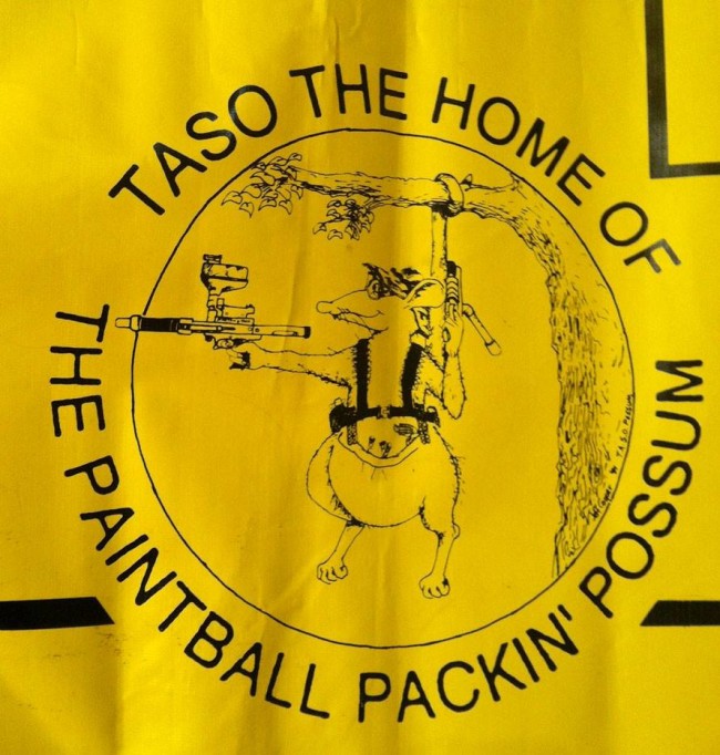 Close up of the Paintball Packing Possum on the Taso Banner.