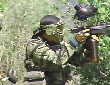 Darryl Trent shooting a full body early Autococker at the 1992 Store Wars III event at Paintball Hill, in Pope Valley California.
