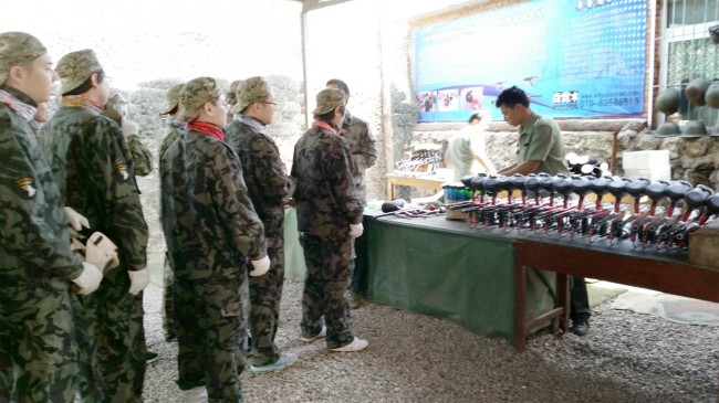 standing in line for equipment.