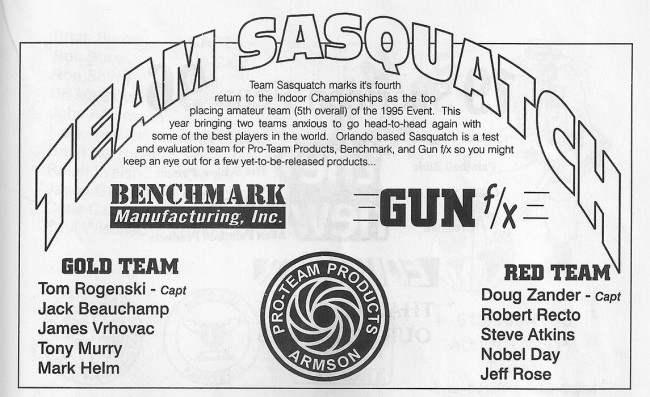 Scan from the 1996 Splat 1 Indoor program showing Sasquatch's roster