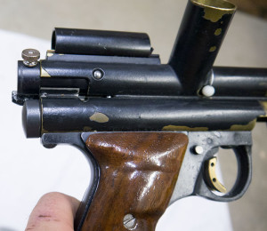 Right side view of grips, quick strip slot and ball detent.