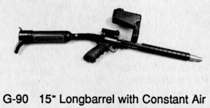 Constant Air direct feed Longbarrel Texas AirGun body kit as advertised by Hawk in the Spring 1989 issue of "Paintball" magazine.