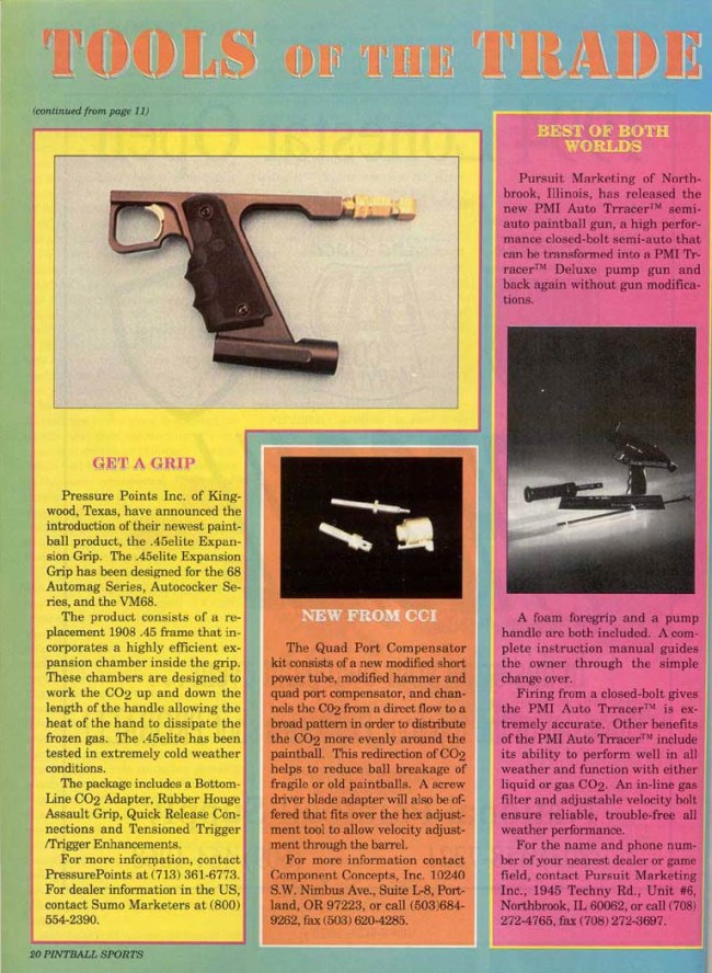 June 1994 Paintball Sport Internal Scan showing the 45 Elite Expansion grip.