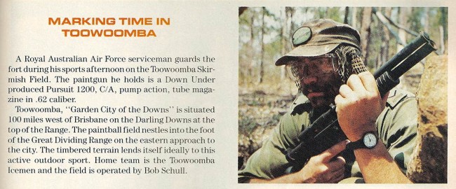 A player in Australia posses with a PSI 1200. Scanned from the April 1990 issue of Paintball Sports Magazine / International.
