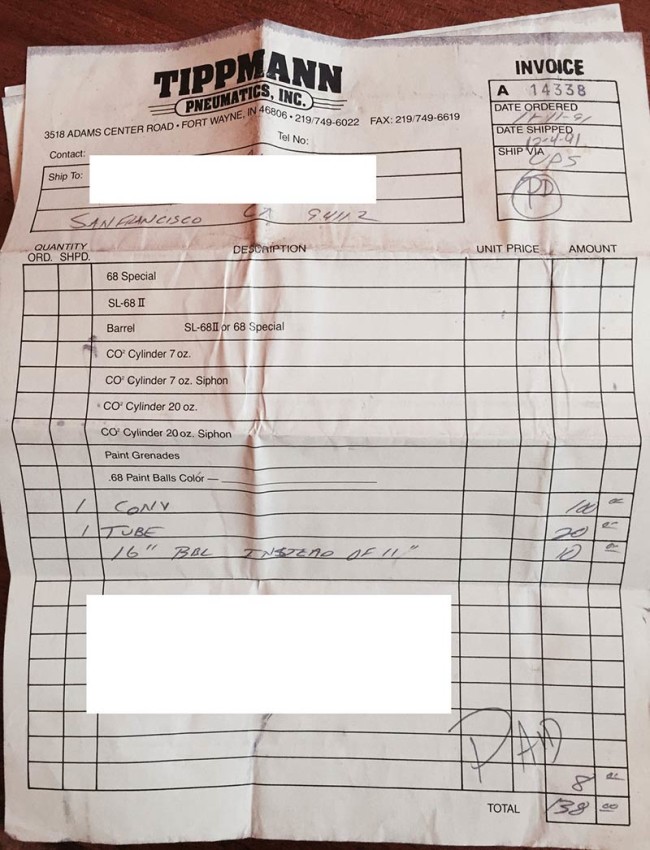 Tippmann 68 Special conversion purchase invoice dated 11-11-91.