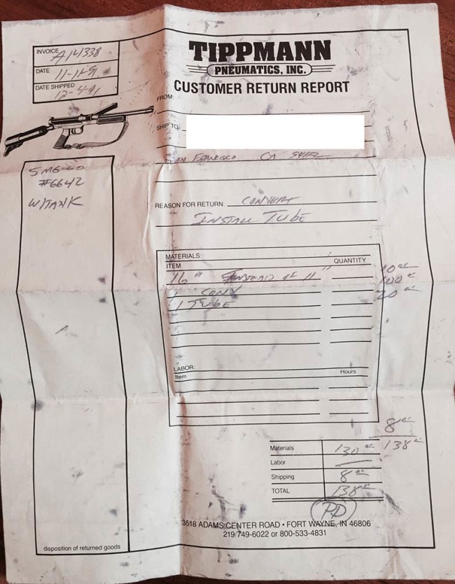 Tippmann Customer Return Receipt for 68 special conversion