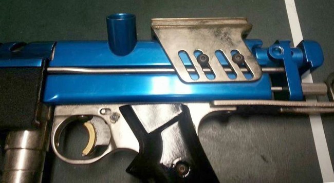 Left side of the sight rail attached to the body on "the Mouth's" autococker.