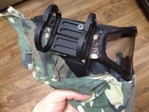 Side view of the cage, bolted onto the Amalgamation mask.