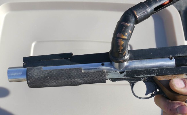 Left side close up view of Jack's undercocking Stan Russell rail gun.