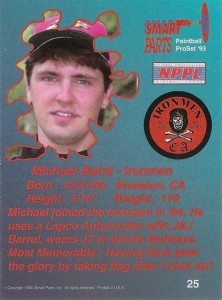 Back of Mike Baird's Smart Parts trading card c.1992/93.