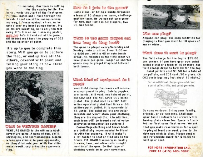 Back side of Michael Leon's early Diablo Venture Games' packet. c. 1986/87?