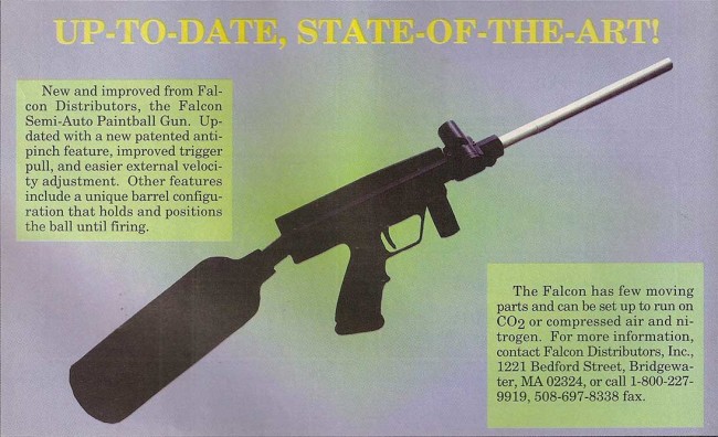 New products write up on the Falcon, scanned from the February 1995 issue of Paintball Sports International.