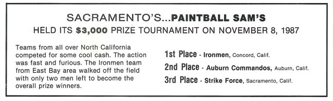 Small notification in the January 1988 issue of Front Line Magazine stating the outcome for Paintball Sam's tournament.