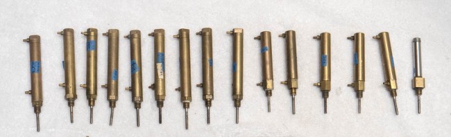 Top layer of Rams, mostly three piece brass rams with a few 2 piece bodies.