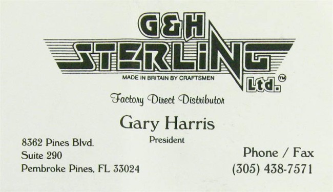 Gary Harris' G & H Sterling business card from the early 1990s.