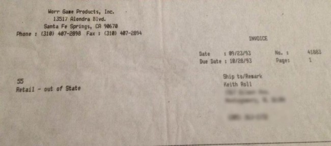 Keith Roll's receipt for his 93 Minicocker serial 1069.