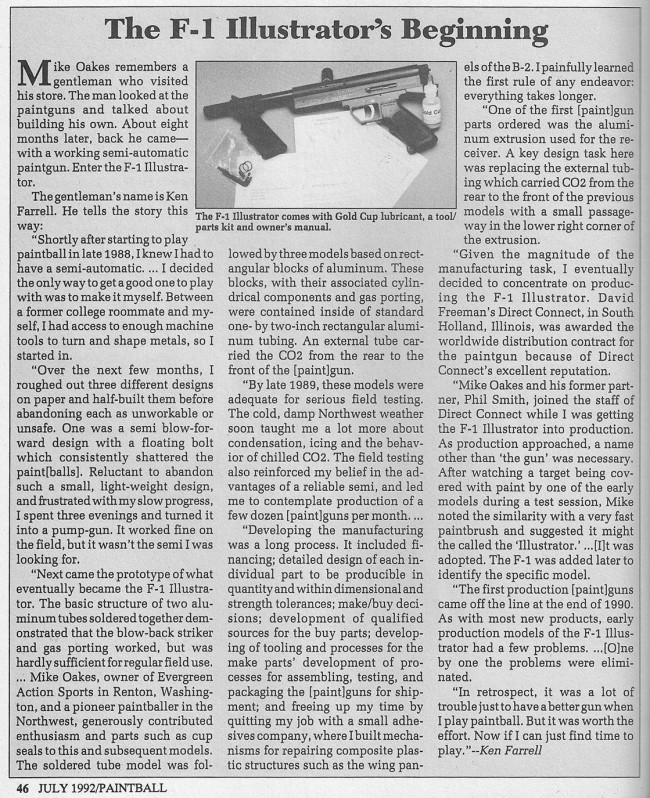 Kenneth Farrell on the F-1 Illustrator, scanned from Paintball Magazine July 1992.