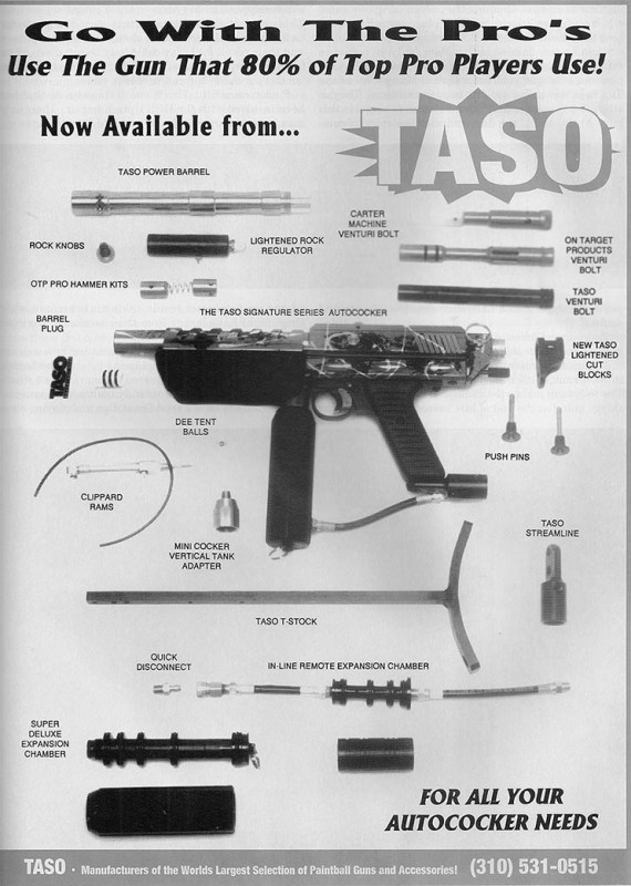Taso full page advertisement, scanned from the January 1995 issue of Paintball Sports International.