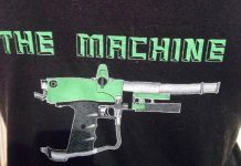 Close up on "The Machine Logo on the back of the RKB Engineering Machine T-Shirt
