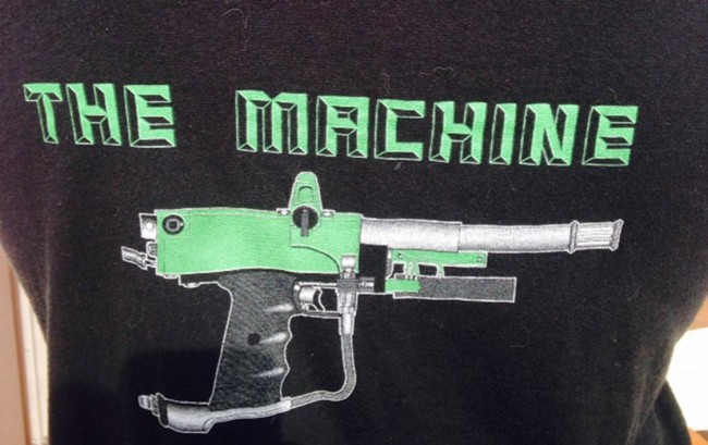 Close up on "The Machine Logo on the back of the RKB Engineering Machine T-Shirt