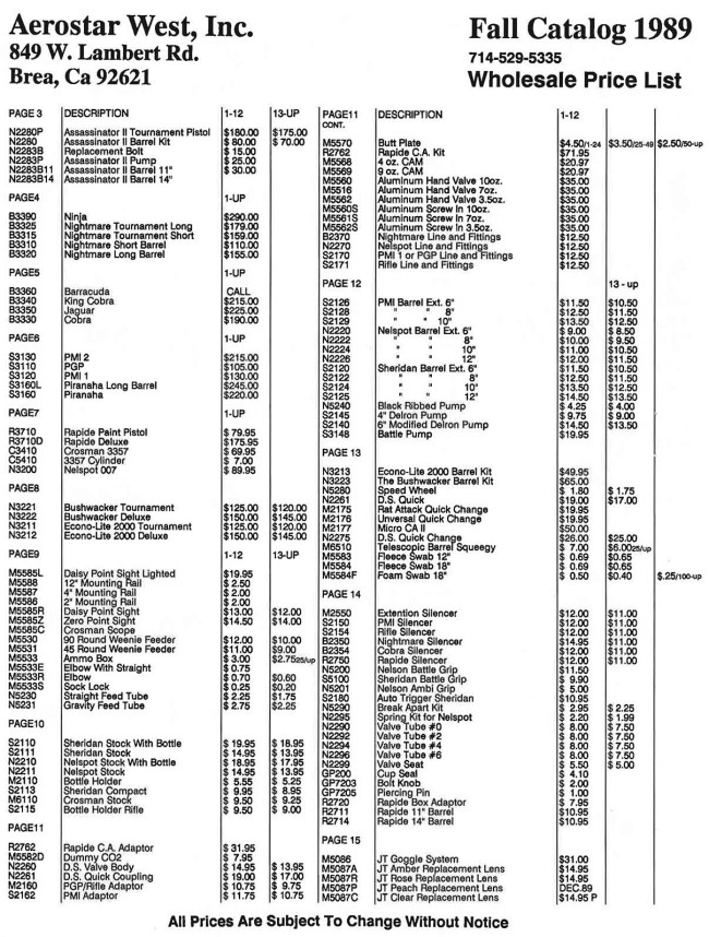Fall 1989 Aerostar price list.