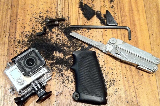 Cut up m-16 lone star grip adapter to hold a Go Pro securely.