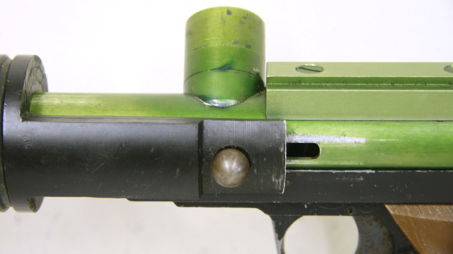 Left side view of feedneck , pump handle and breech on Line SI Skirmish.