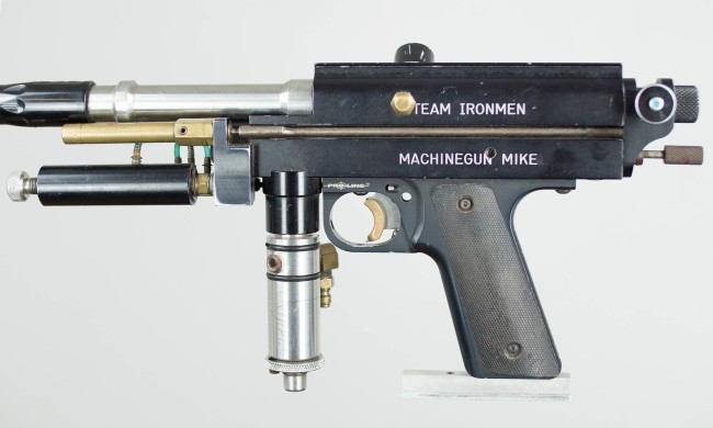 Zoom in on left side of Machine Gun Mike's Autococker.