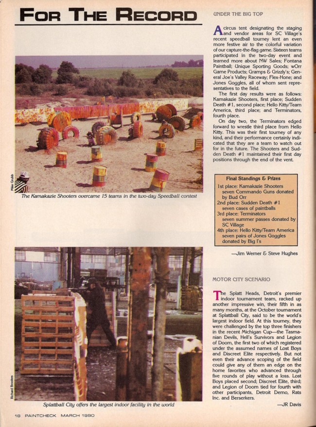 Speedball at SC Village and Splatt Ball City featured in the March 1990 issue of APG.