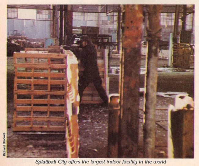 "Splattball City offers the largest indoor facility in the world." Photo by Richard Brookes and scanned from the March 1990 issue of Paintcheck.