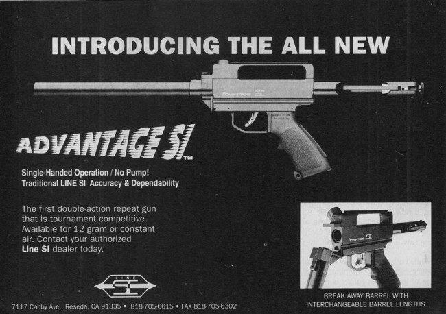 September 1990 advertisement in Paintball Sports International for the Line SI Advantage.