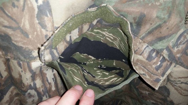 Inner pocket of Anorak Parka with Tiger Stripe Lining.