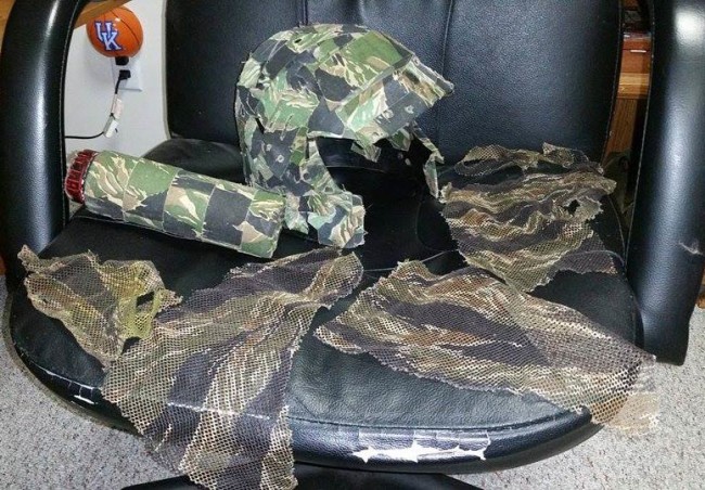 Camo tapped up helmet next to the camo Tiger Stripe Veil. Chuck purchased the camo tape and veil from I and I sports.