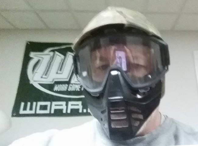 Front view of the Whipper Snapper / GSX goggles in the camo helmet. Chuck is modeling them.