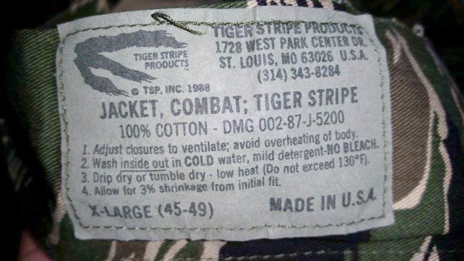 Tags on inside of "Advisor Cut" Tiger Stripe jacket. Photo courtesy Chuck Link.