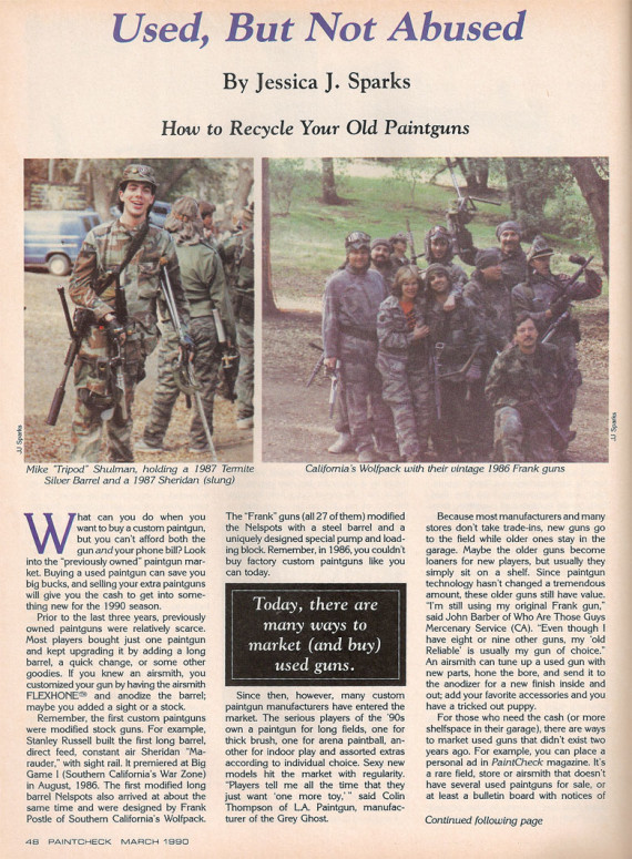 Page one of Jessica Spark's March 1990 article on buying and selling used Paintball Guns.