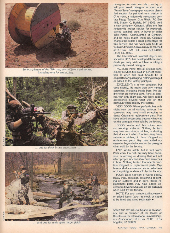 Jessica Spark's March 1990 article on buying and selling used Paintball Guns.