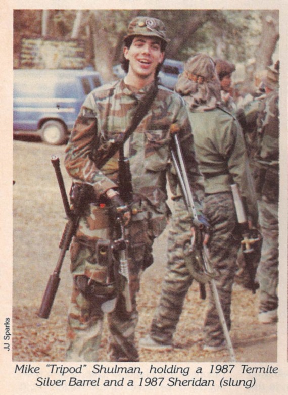 Mike "Tripod" Shulman with a polished aluminum Termite and a Mac 1 Annihilator or South Bay Arms Marauder. Scanned from the Mach 1990 issue of Paintcheck.