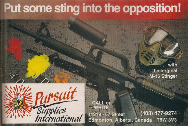 March 1990 scan from Paintball Sports International showing the M-16 Stinger and the PVC / ABS silencer.