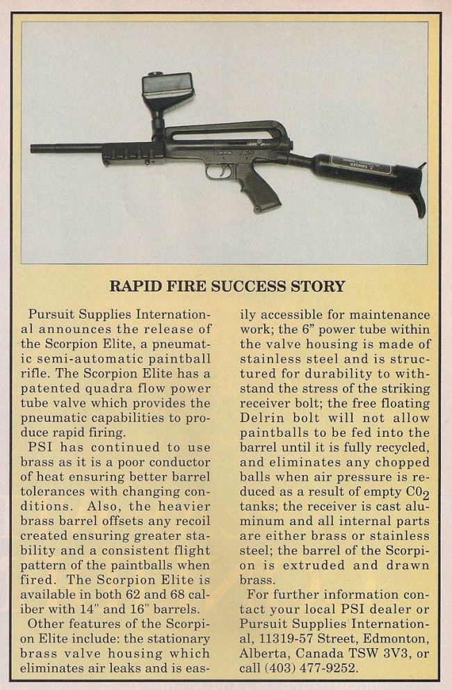 PSI Scorpion ad printed in the June 1991 issue of Paintball Sports International.
