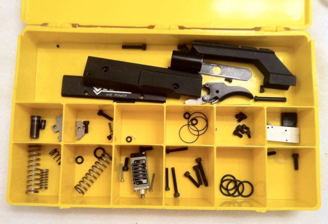 A yellow Air Power parts box for the Vector. The thin orings are the valve body orings which are the most difficult to replace.