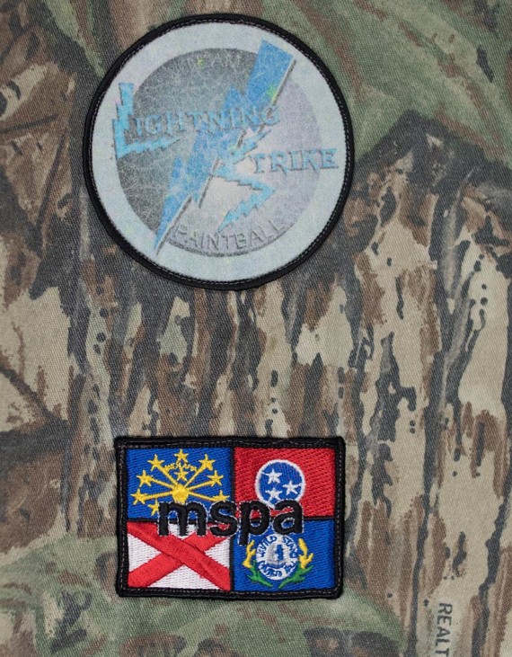 Team Lightning Strike and Mid South Paintball Association (MSPA) patch on left shoulder of Realtree pullover.