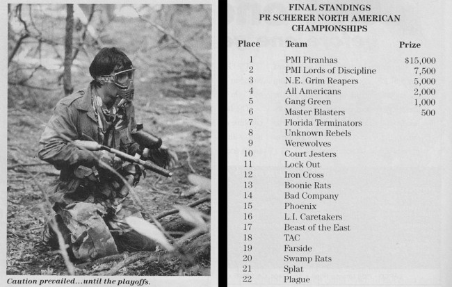 Final Team ranking from the 1990 North America Paintball Championships. Scanned from the January 1991 issue of Paintball Sports Magazine.