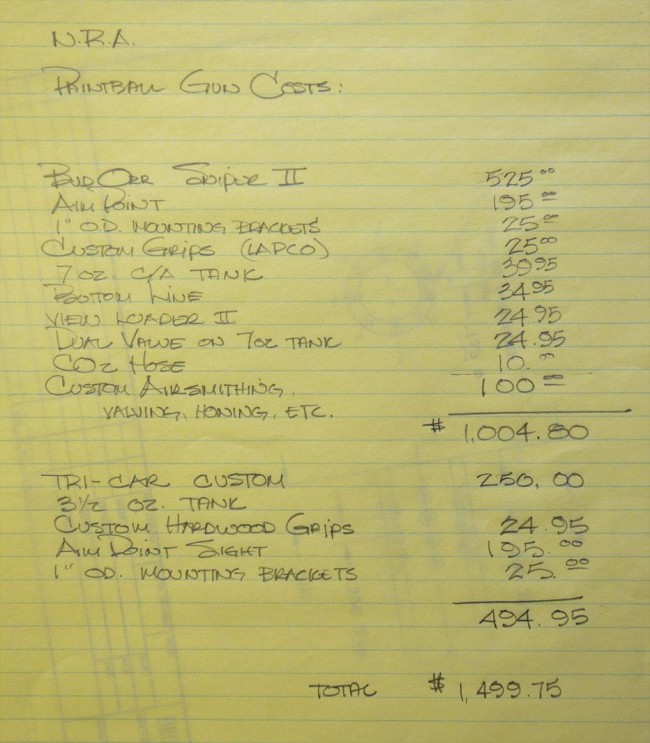 A price breakdown that Bob Fowlie wrote up explaining the costs and modifications of his paintguns.