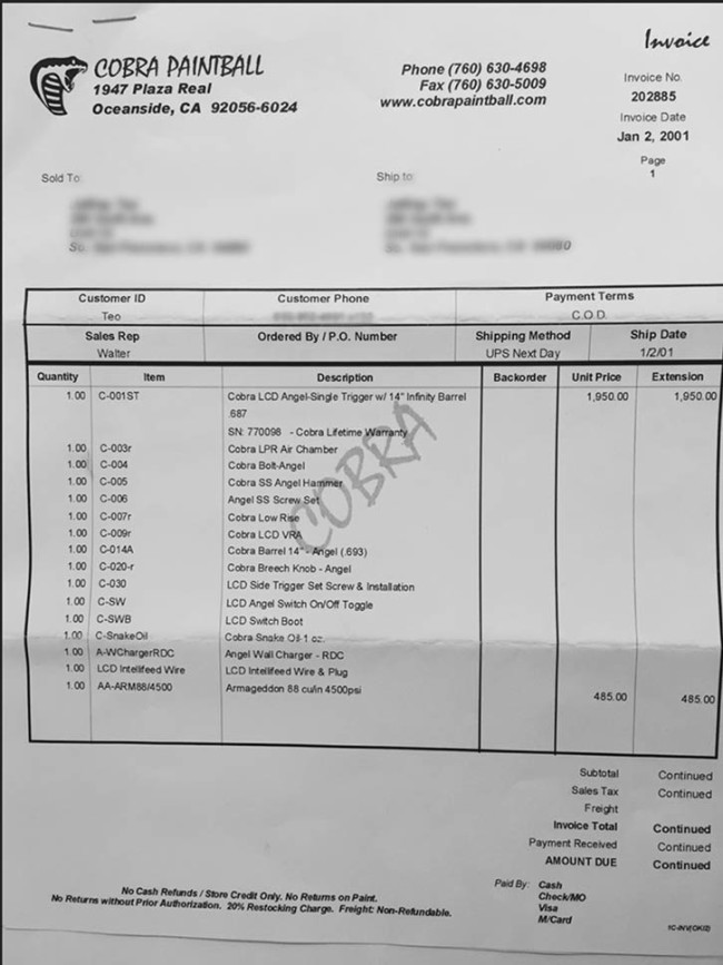 Page one of the invoice for Chris' single trigger purple LCD Angel.