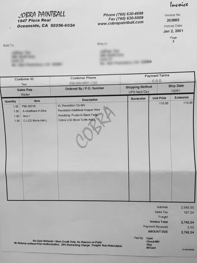 Page two of the invoice for Chris' Cobra Angel.